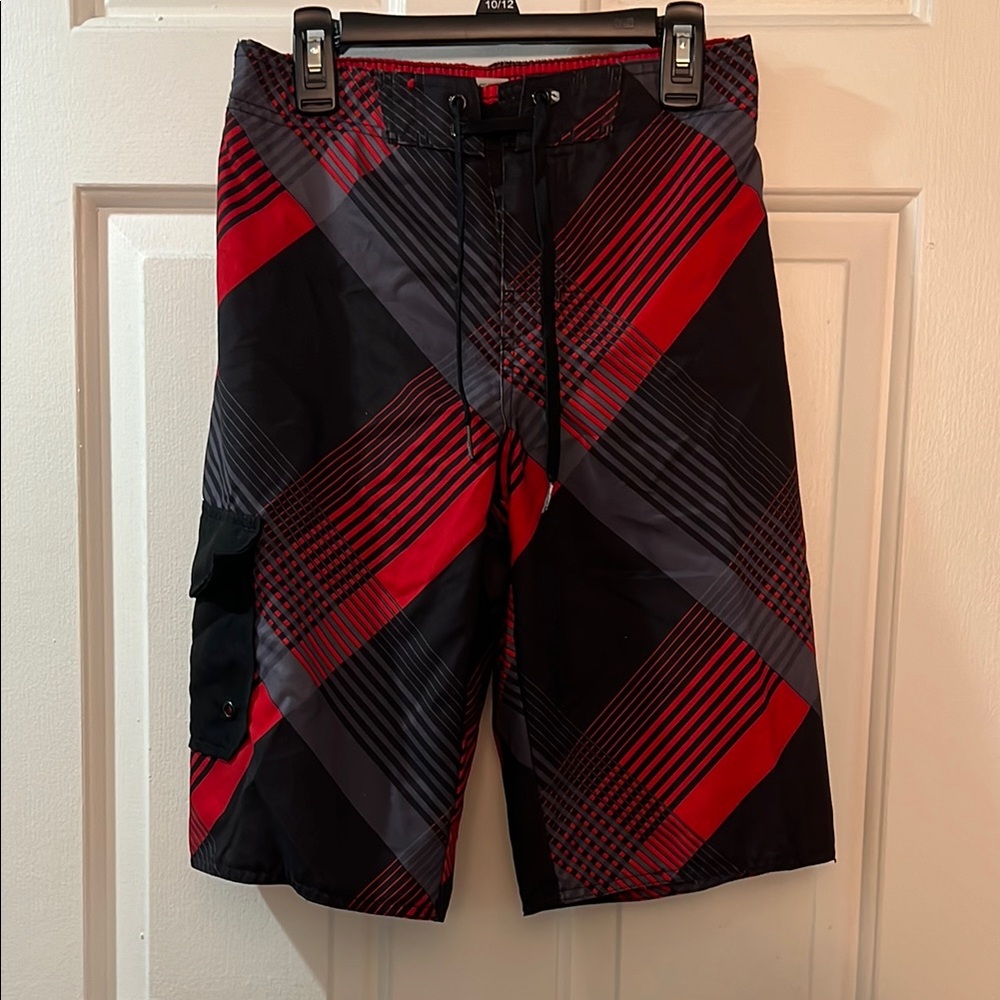 Hang Ten Red and Black Swim Trunks with Geometric Design